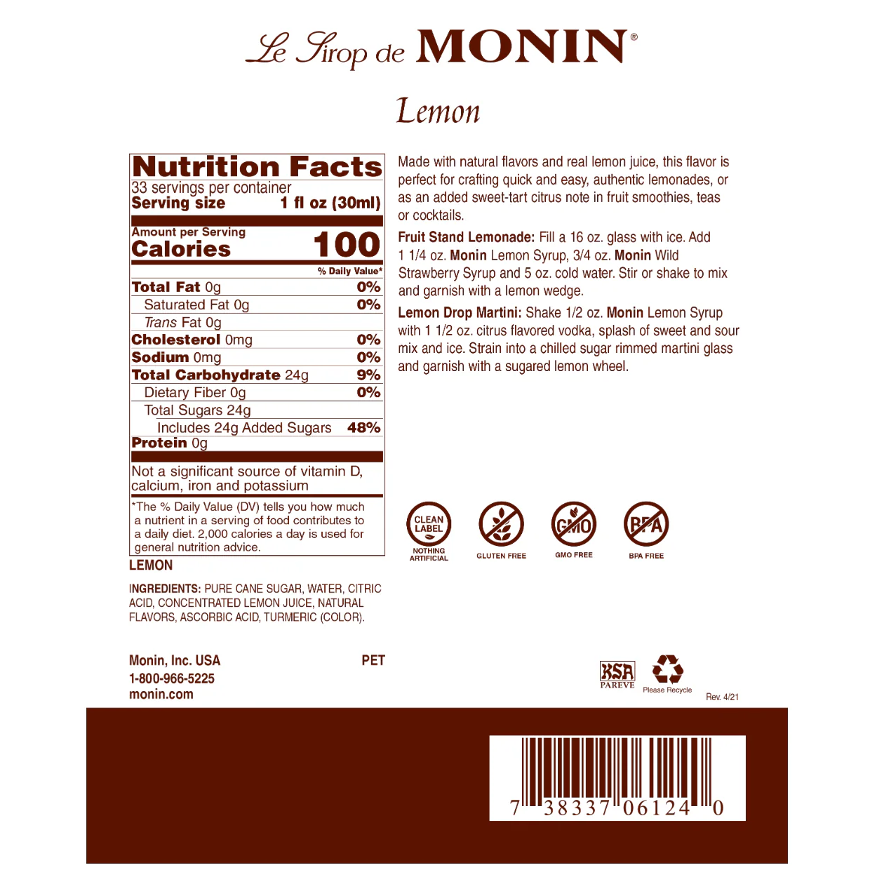 Monin Lemon Syrup - Image 2